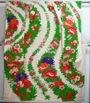 Floral Green Silk Kakeshita Wedding Kimono Japanese Bridal Dress Chrysanthemum Cherry Blossoms Rare