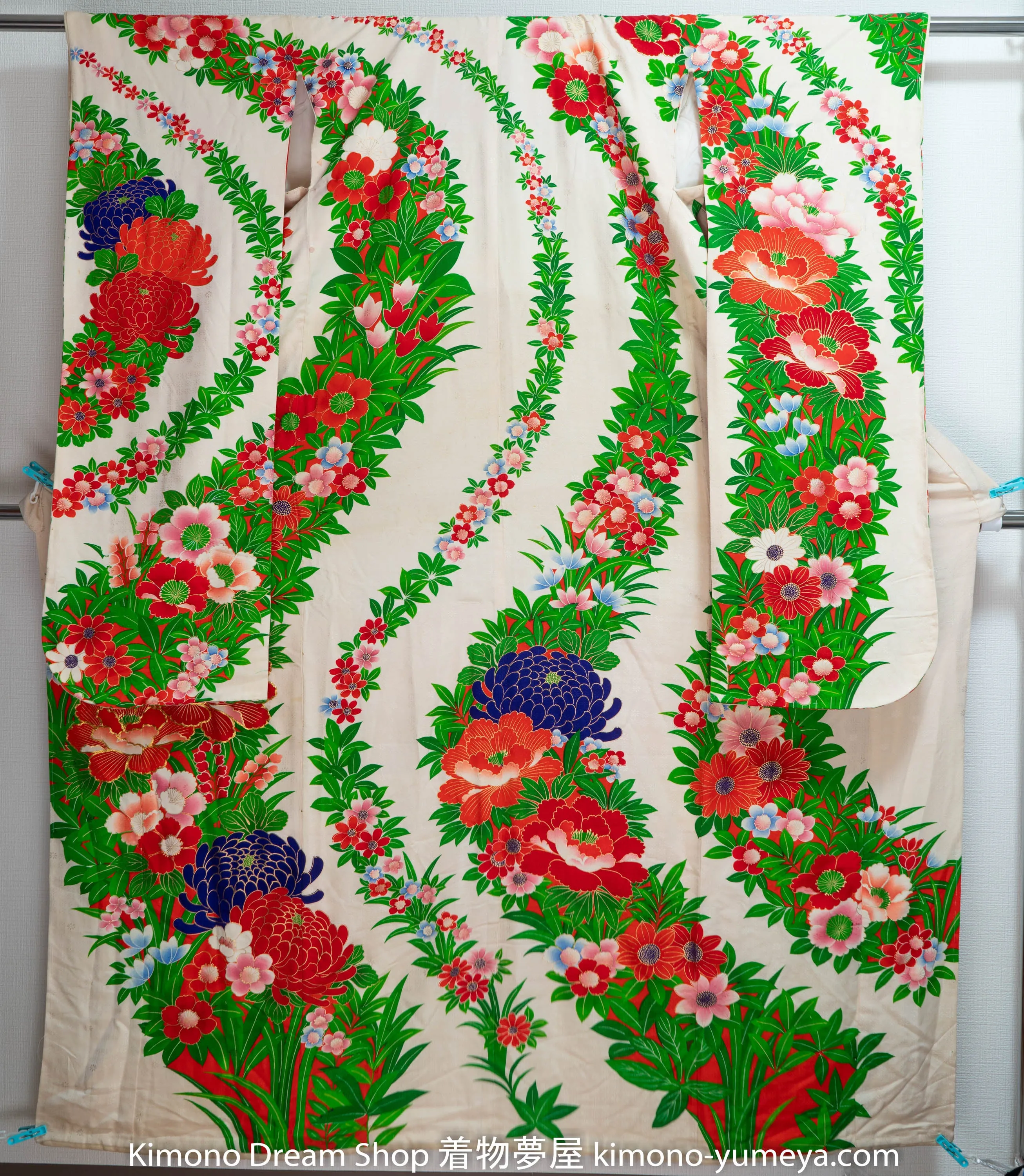 Floral Green Silk Kakeshita Wedding Kimono Japanese Bridal Dress Chrysanthemum Cherry Blossoms Rare