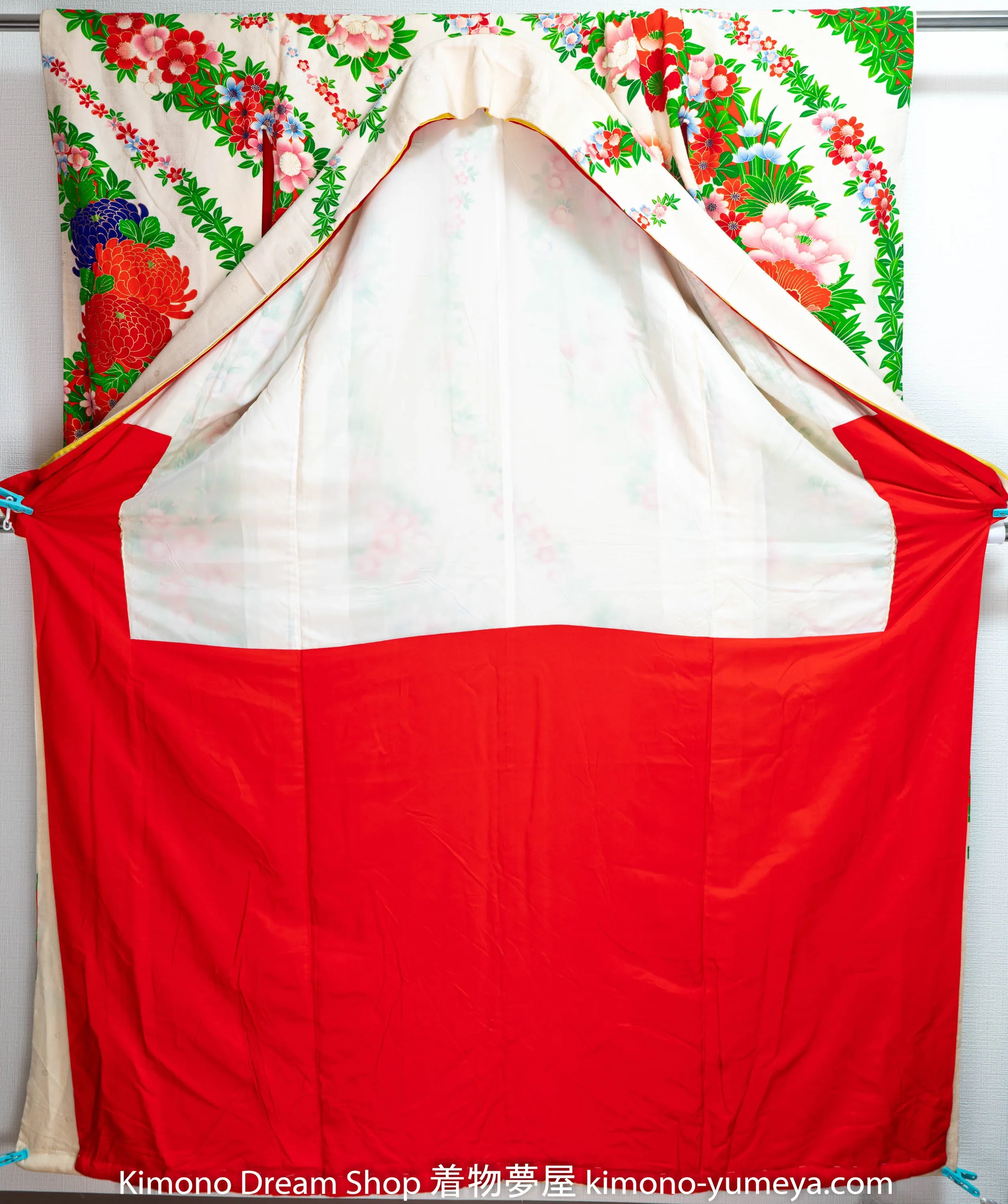 Floral Green Silk Kakeshita Wedding Kimono Japanese Bridal Dress Chrysanthemum Cherry Blossoms Rare
