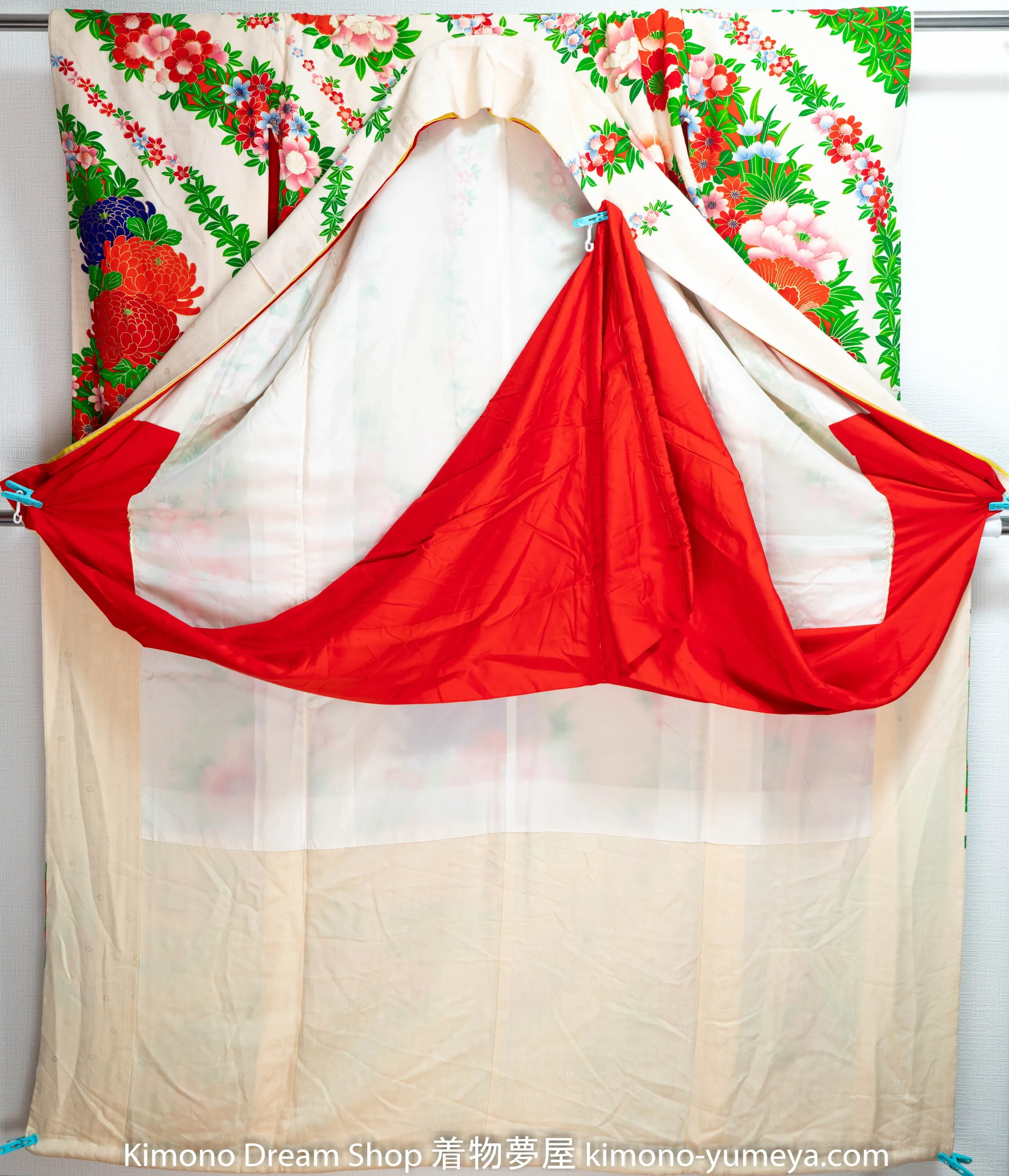 Floral Green Silk Kakeshita Wedding Kimono Japanese Bridal Dress Chrysanthemum Cherry Blossoms Rare