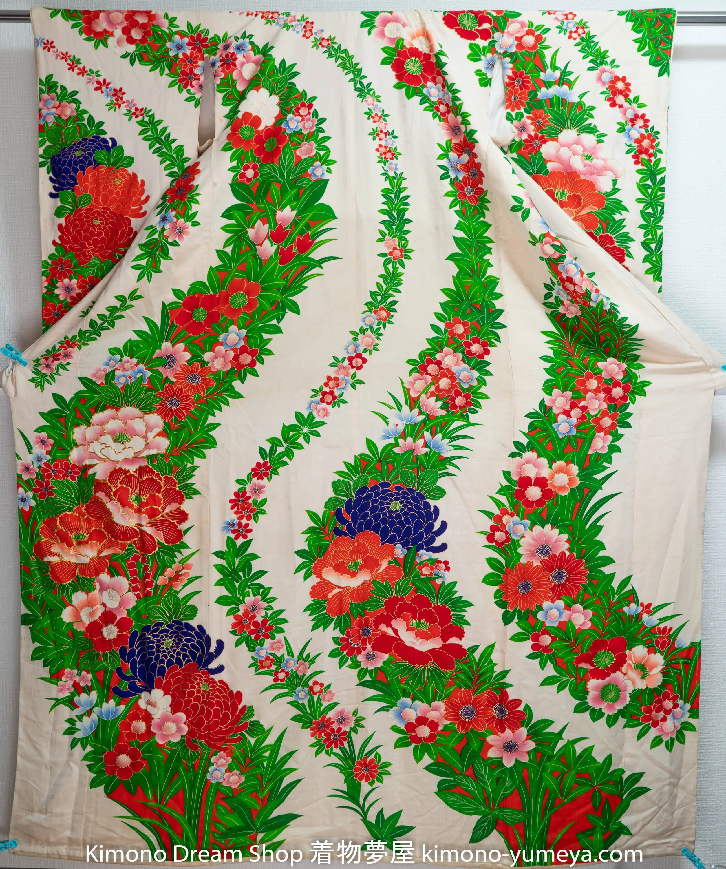 Floral Green Silk Kakeshita Wedding Kimono Japanese Bridal Dress Chrysanthemum Cherry Blossoms Rare