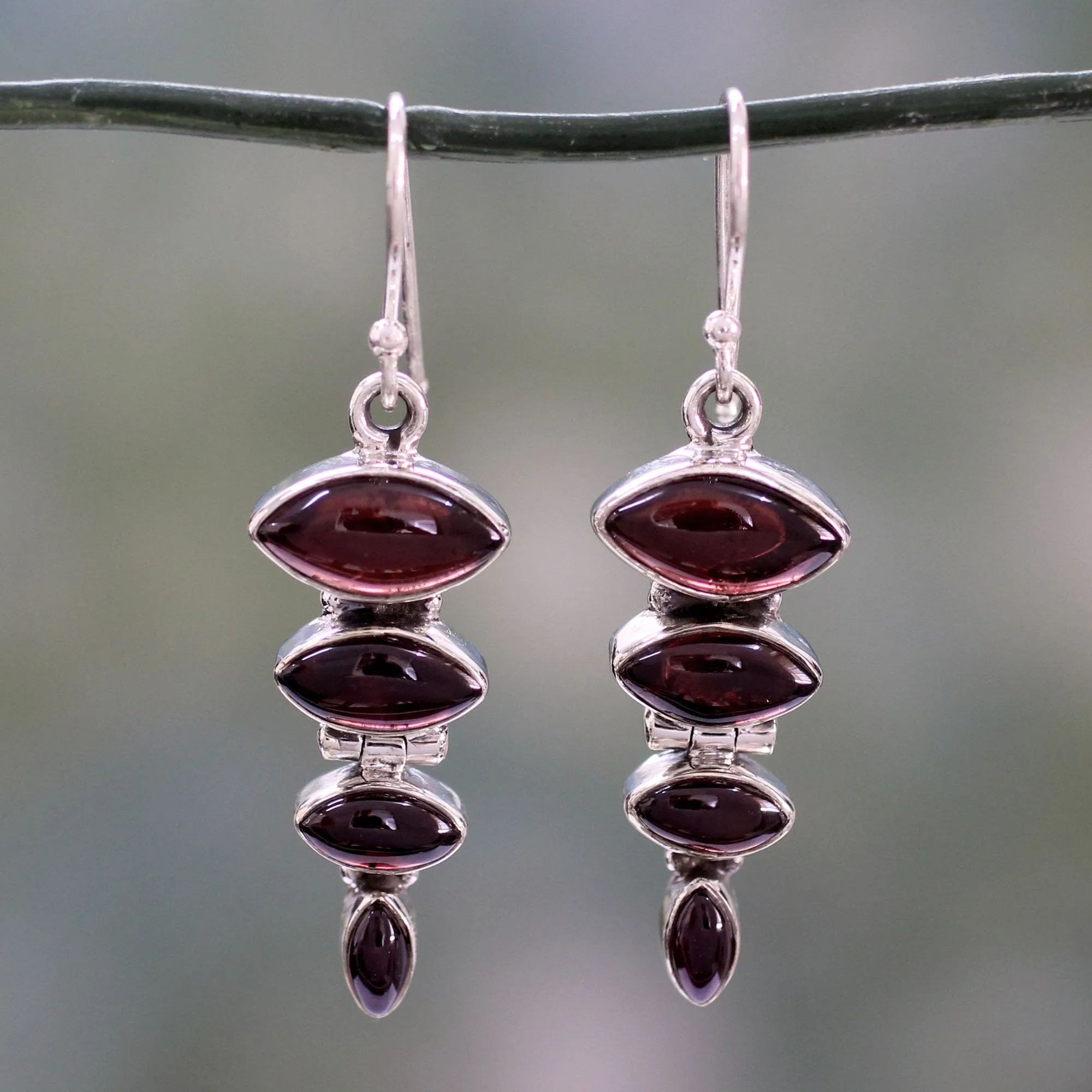 Garnet Cabochon Dangle Earrings Set in Sterling Silver - Romantic Quartet | NOVICA
