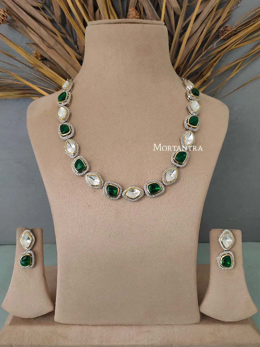 Green Color Faux Polki Necklace Set - PK-S10GR
