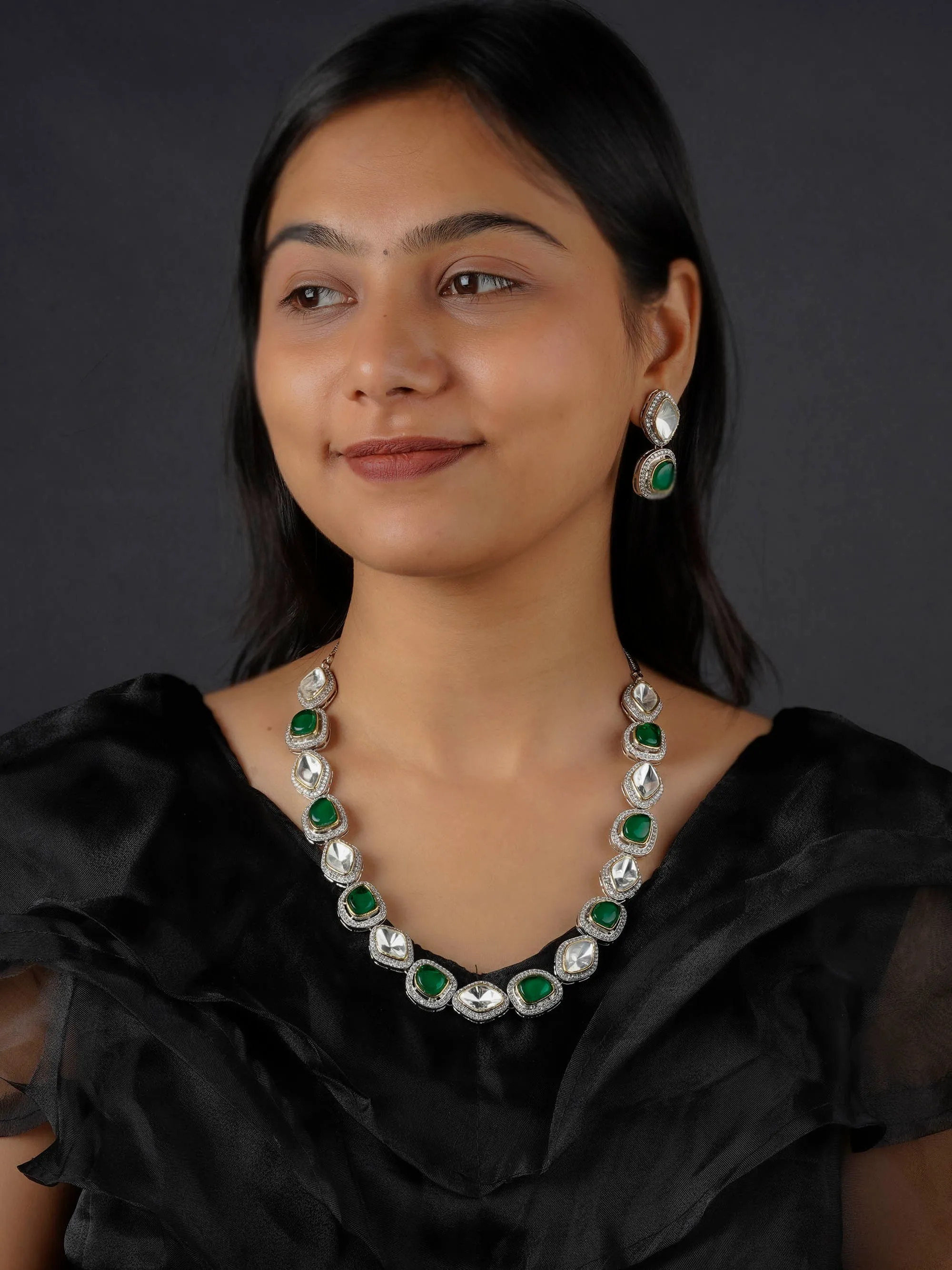 Green Color Faux Polki Necklace Set - PK-S10GR