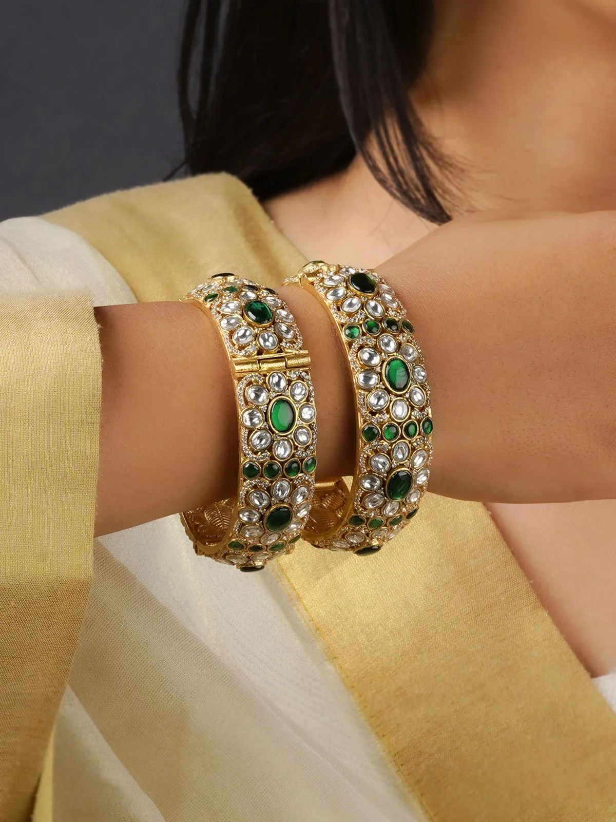 Green Color Gold Plated Jadau Kundan Bangles - MO-B1WGR