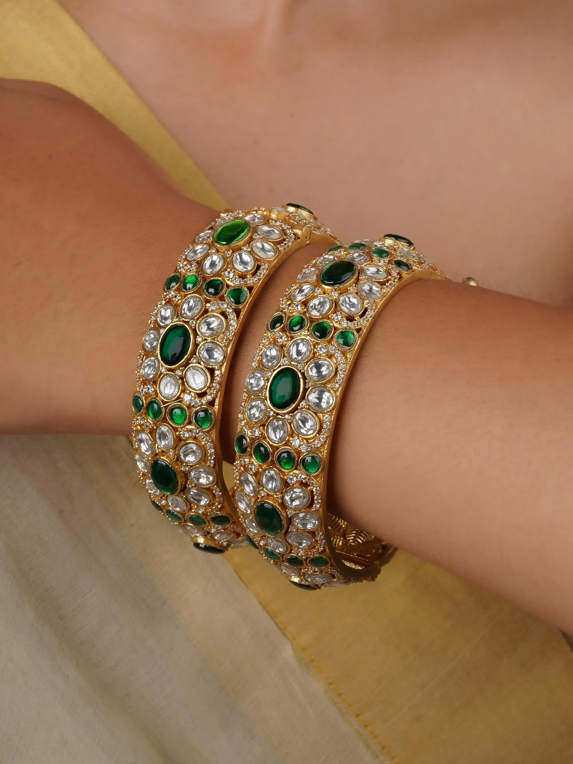 Green Color Gold Plated Jadau Kundan Bangles - MO-B1WGR