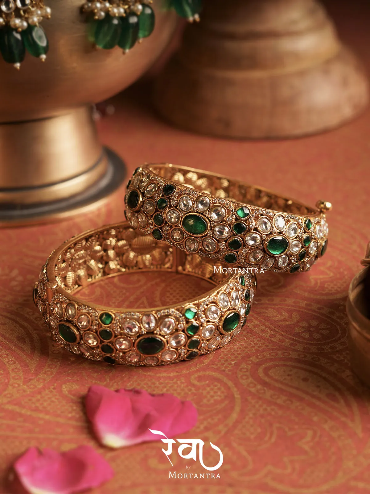 Green Color Gold Plated Jadau Kundan Bangles - MO-B1WGR