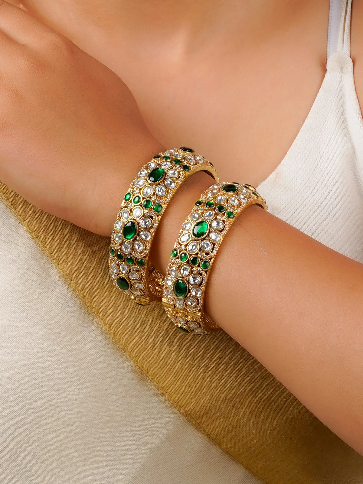 Green Color Gold Plated Jadau Kundan Bangles - MO-B1WGR