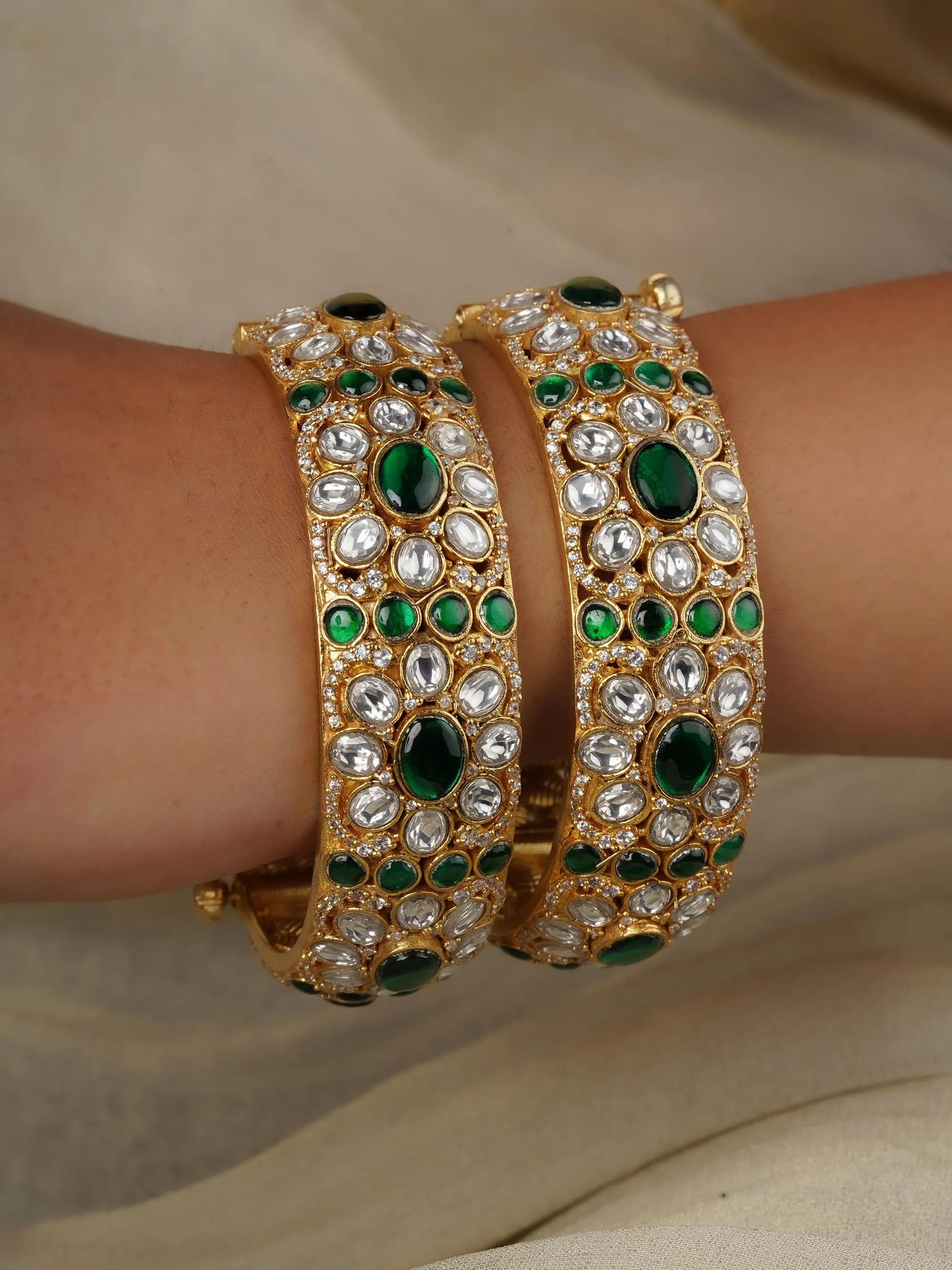 Green Color Gold Plated Jadau Kundan Bangles - MO-B1WGR