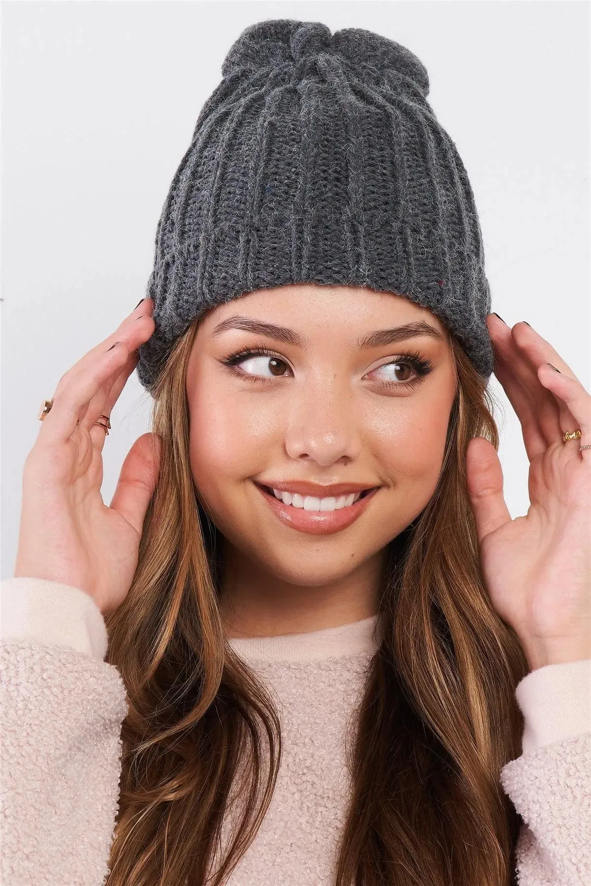 Grey Bunny Ears Detail Woven Winter Beanie /3 Pieces