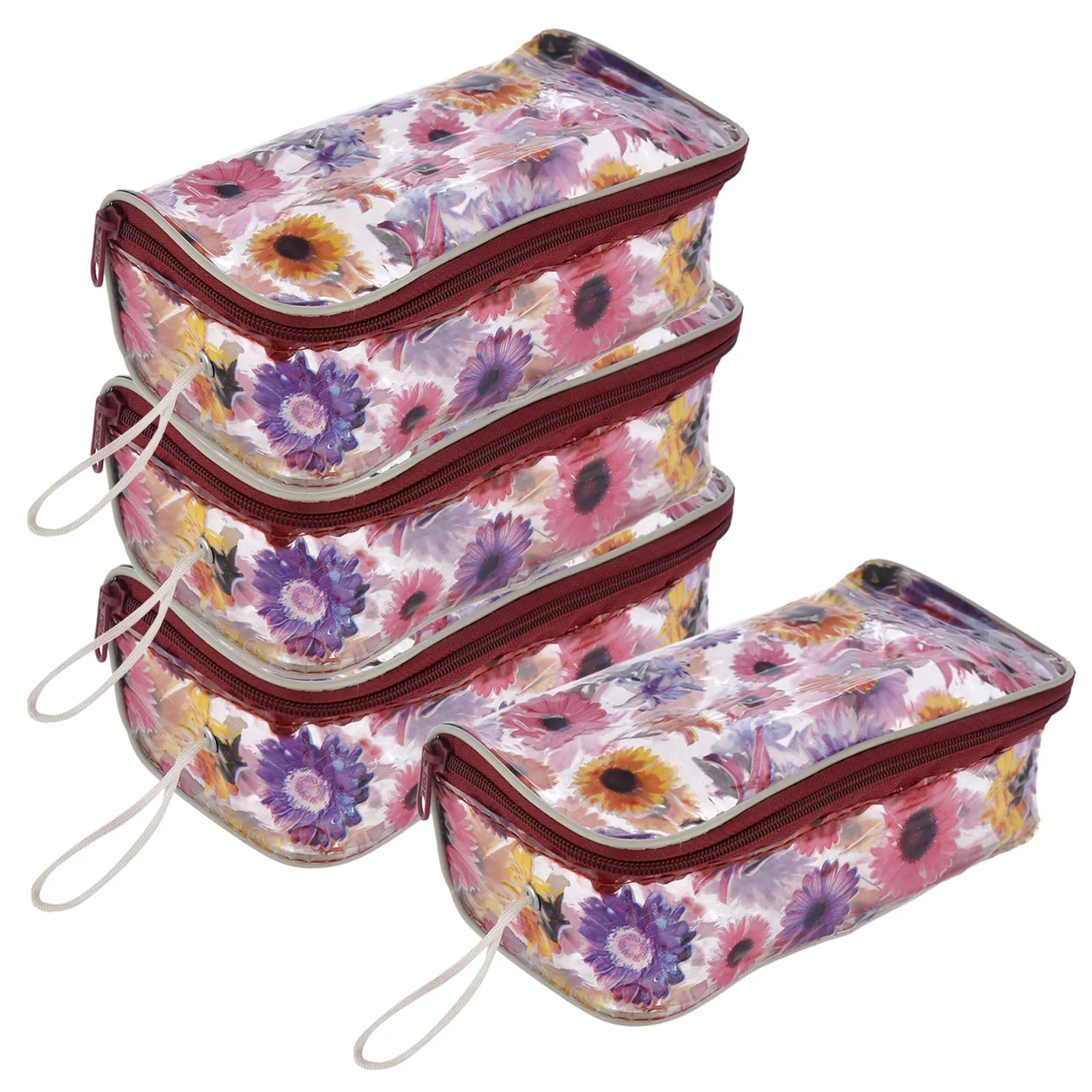 Heart Home Flower Printed Tranasparent PVC Makeup Organizing Bag, Travel Toiletry Pouch With Carrying Strip- Pack of 4 (Multicolor)-44HH0602