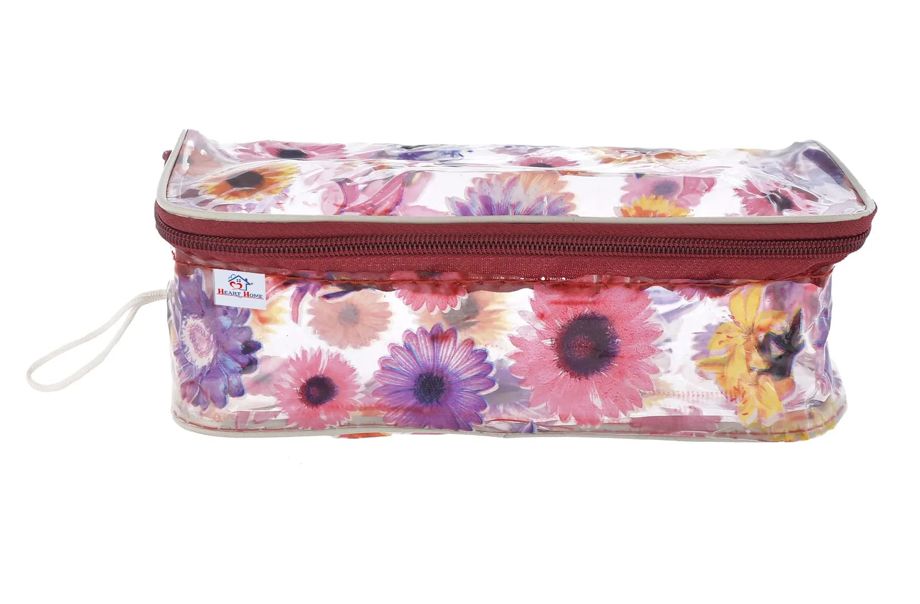 Heart Home Flower Printed Tranasparent PVC Makeup Organizing Bag, Travel Toiletry Pouch With Carrying Strip- Pack of 4 (Multicolor)-44HH0602