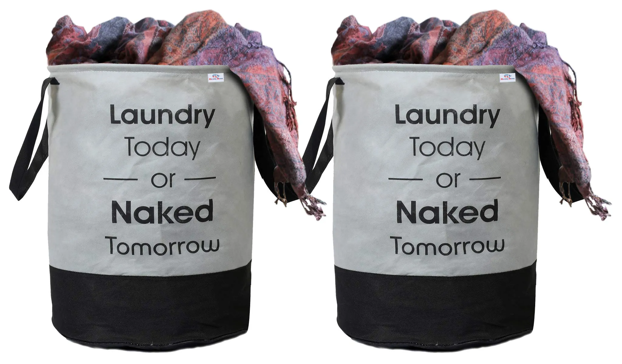 Heart Home Round Non Woven Fabric Foldable Laundry Basket, Toy Storage Basket, Cloth Storage Basket With Handles,45 Ltr (Set Of 2, Grey & Black)-HEARTXY11448