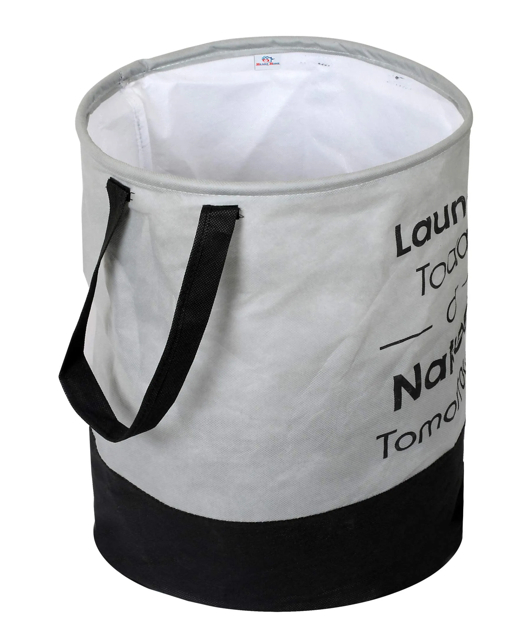 Heart Home Round Non Woven Fabric Foldable Laundry Basket, Toy Storage Basket, Cloth Storage Basket With Handles,45 Ltr (Set Of 2, Grey & Black)-HEARTXY11448