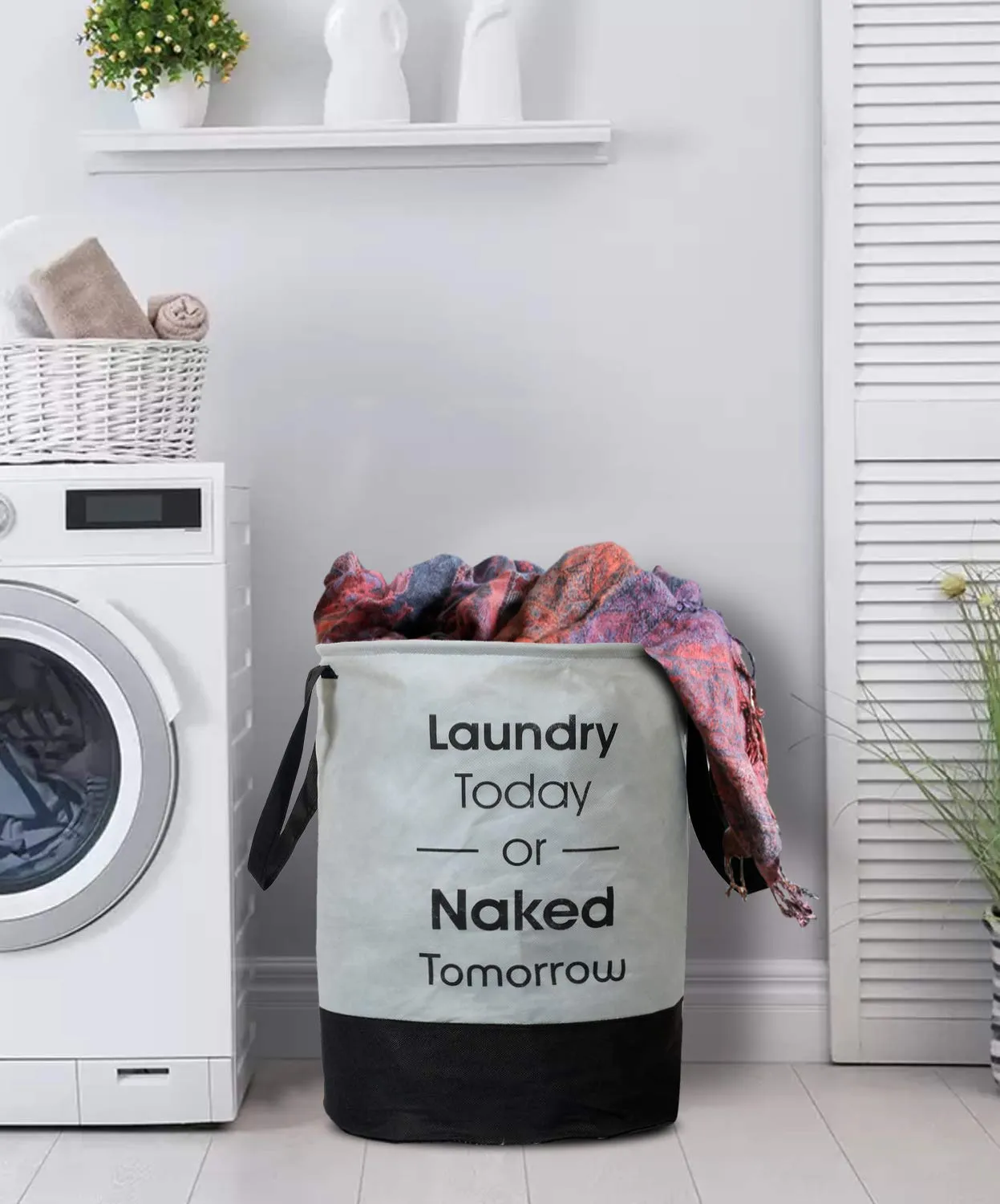 Heart Home Round Non Woven Fabric Foldable Laundry Basket, Toy Storage Basket, Cloth Storage Basket With Handles,45 Ltr (Set Of 2, Grey & Black)-HEARTXY11448