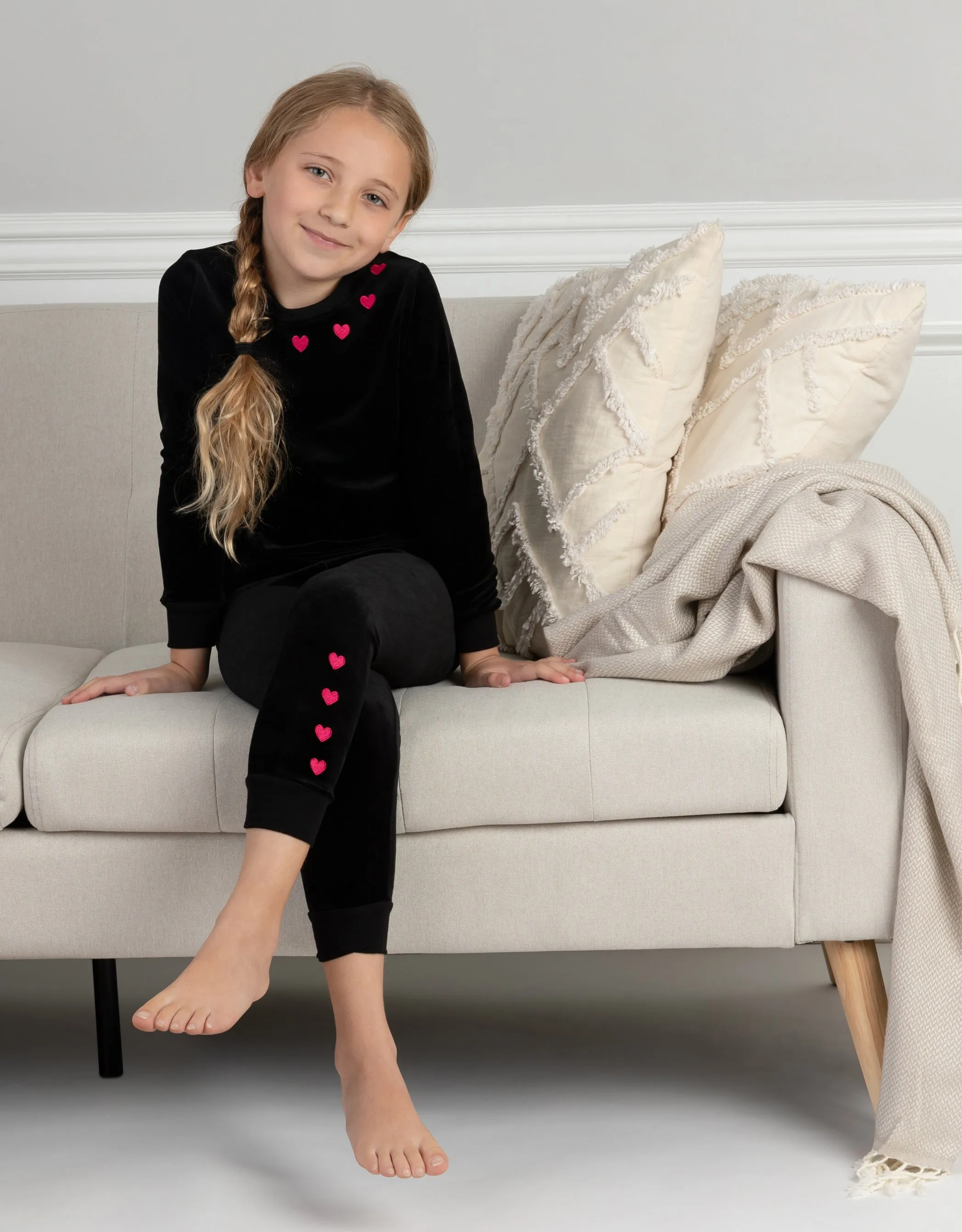 Hearts In A Row Plush Velour Kids Pajamas Legging Set Black Red