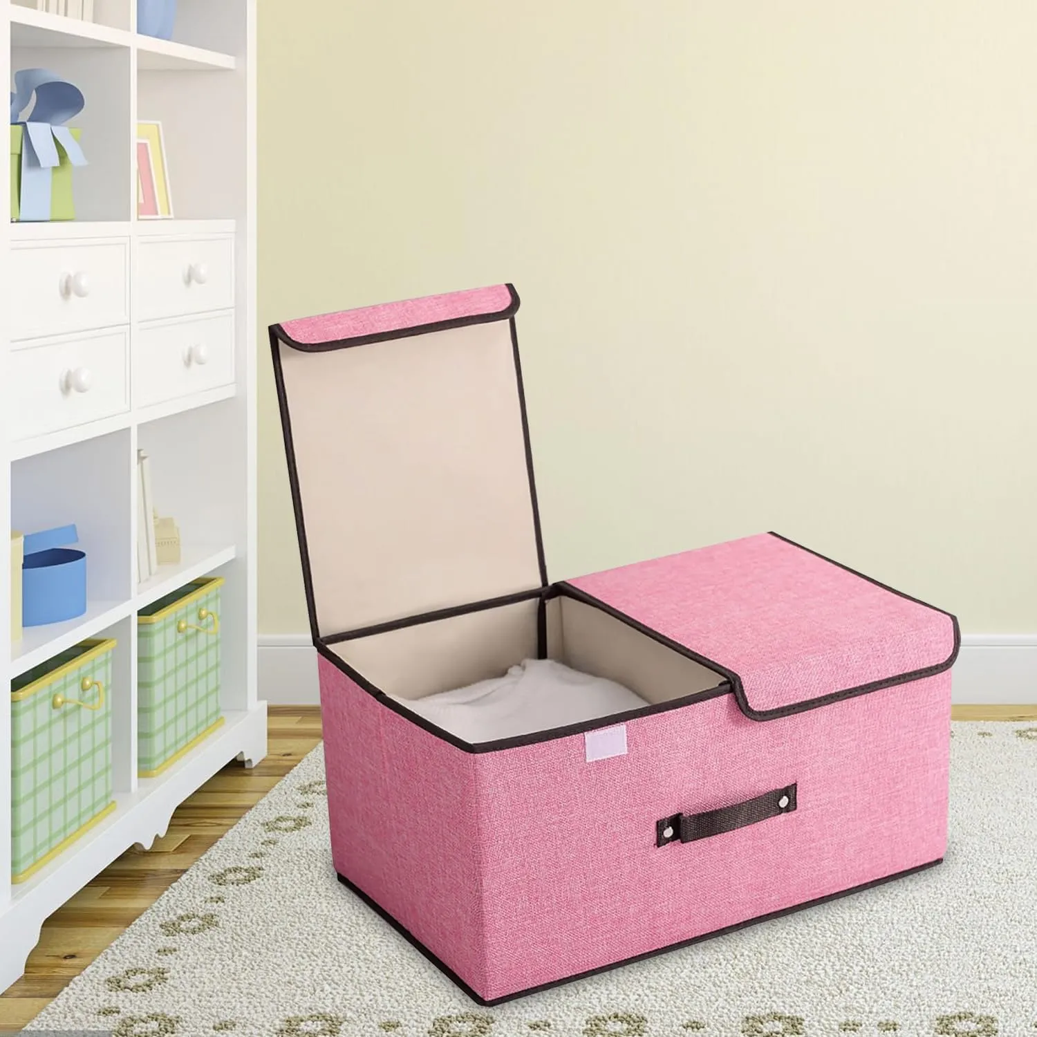 Kuber Industries Double Lid Foldable Storage Box|Toys Storage Bin|Wardrobe Organizer For Clothes|Front Handle & Stackable Pack Of-4 (Pink)