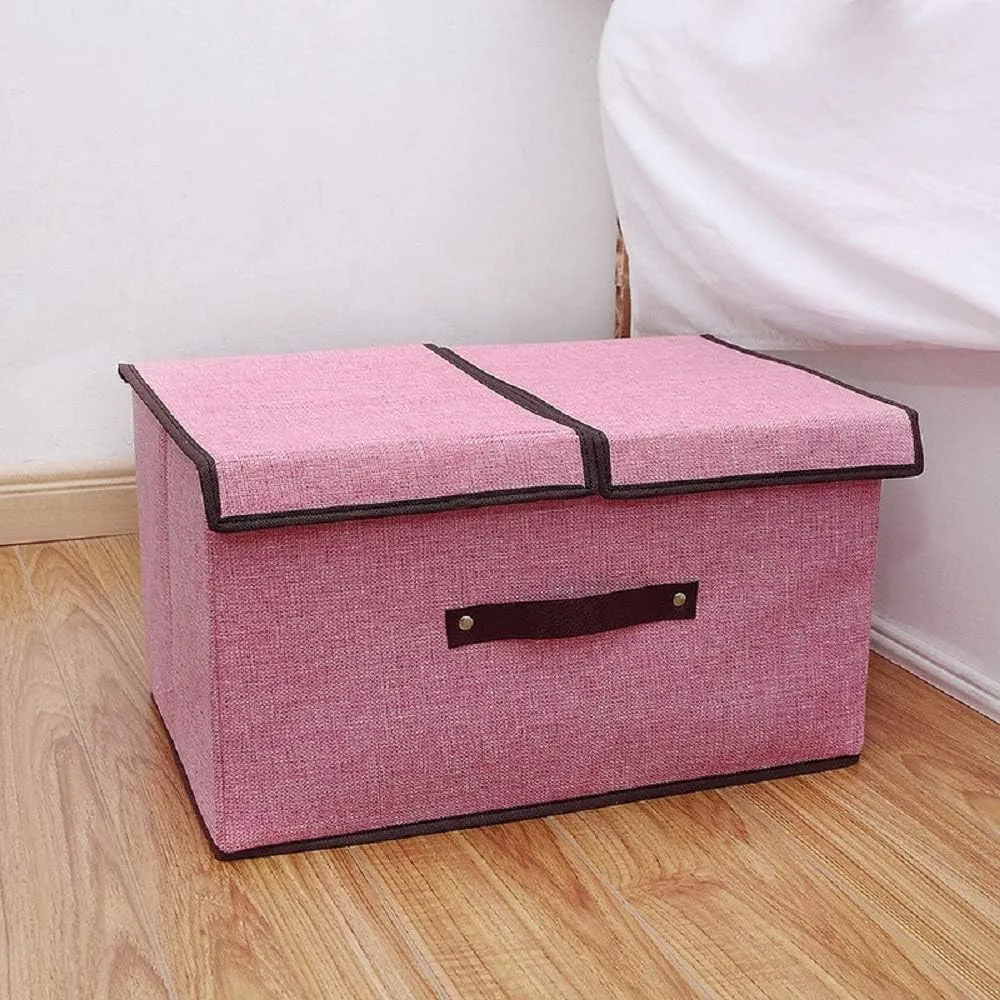 Kuber Industries Double Lid Foldable Storage Box|Toys Storage Bin|Wardrobe Organizer For Clothes|Front Handle & Stackable Pack Of-4 (Pink)