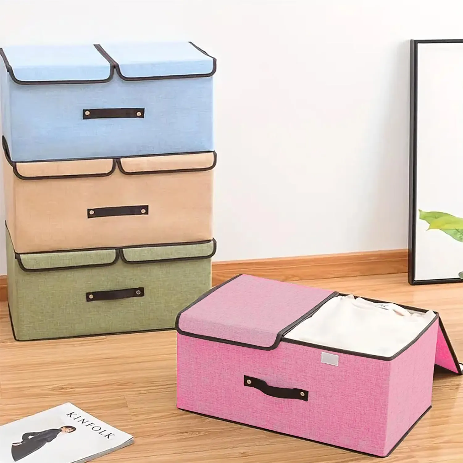 Kuber Industries Double Lid Foldable Storage Box|Toys Storage Bin|Wardrobe Organizer For Clothes|Front Handle & Stackable Pack Of-4 (Pink)