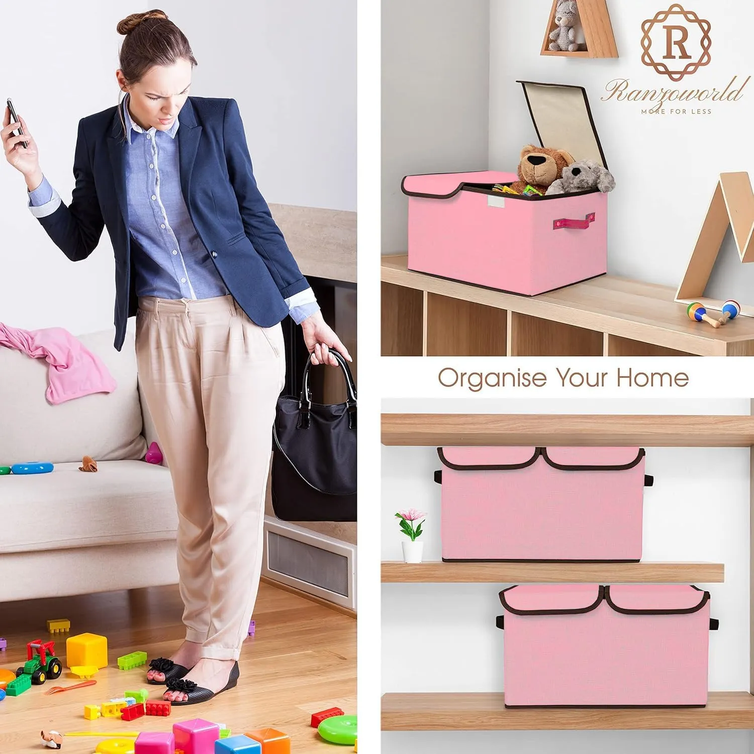Kuber Industries Double Lid Foldable Storage Box|Toys Storage Bin|Wardrobe Organizer For Clothes|Front Handle & Stackable Pack Of-4 (Pink)