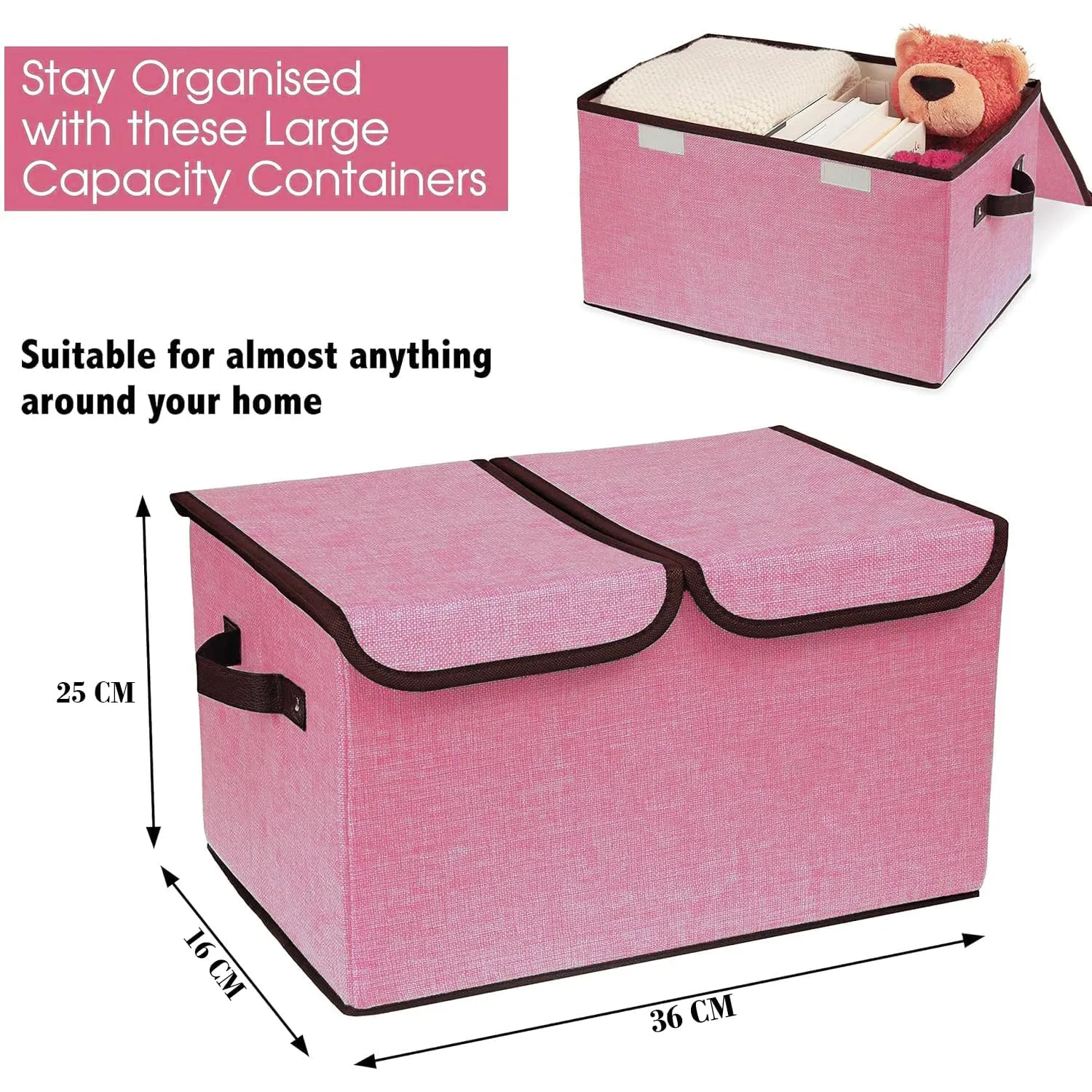 Kuber Industries Double Lid Foldable Storage Box|Toys Storage Bin|Wardrobe Organizer For Clothes|Front Handle & Stackable Pack Of-4 (Pink)
