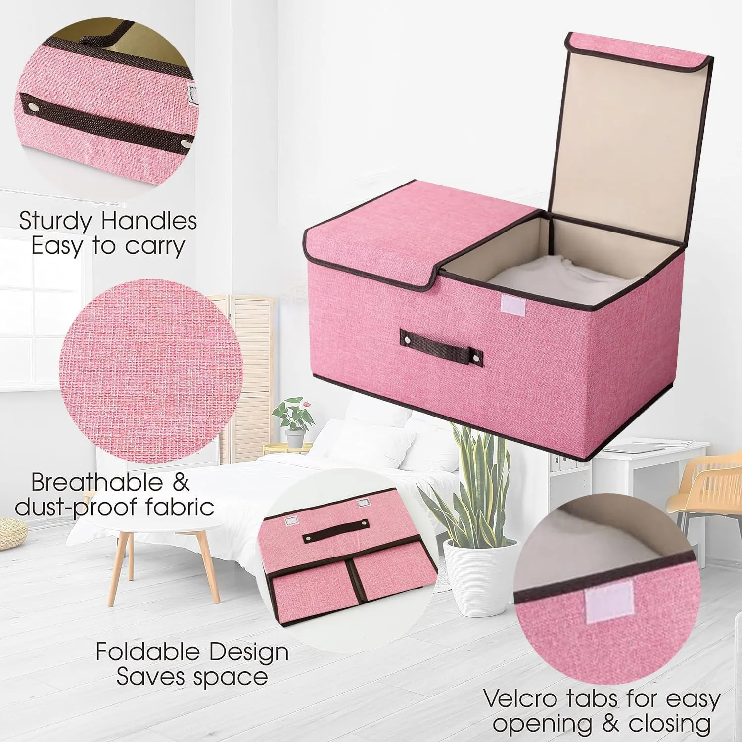 Kuber Industries Double Lid Foldable Storage Box|Toys Storage Bin|Wardrobe Organizer For Clothes|Front Handle & Stackable Pack Of-4 (Pink)