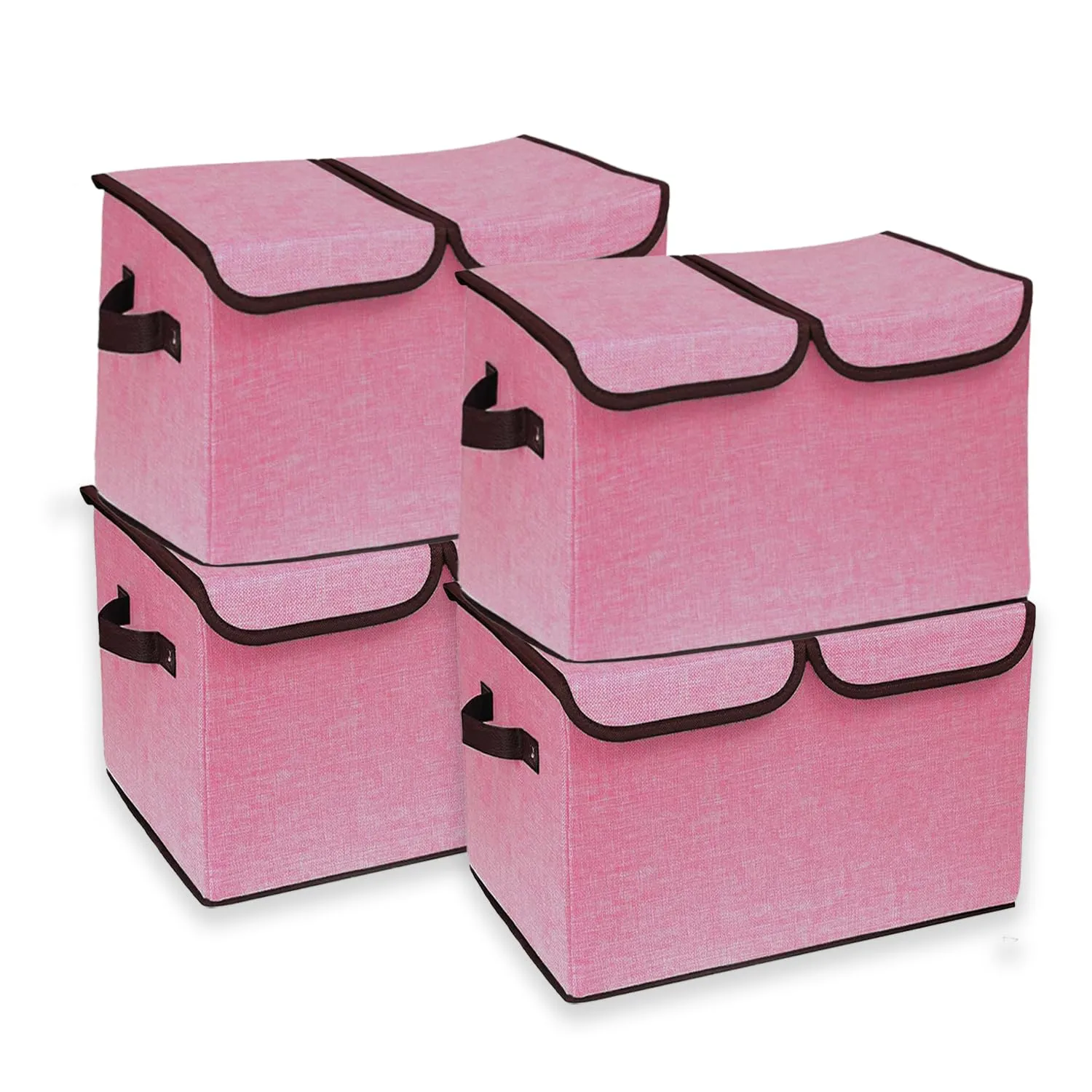 Kuber Industries Double Lid Foldable Storage Box|Toys Storage Bin|Wardrobe Organizer For Clothes|Front Handle & Stackable Pack Of-4 (Pink)