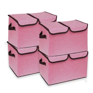 Kuber Industries Double Lid Foldable Storage Box|Toys Storage Bin|Wardrobe Organizer For Clothes|Front Handle & Stackable Pack Of-4 (Pink)