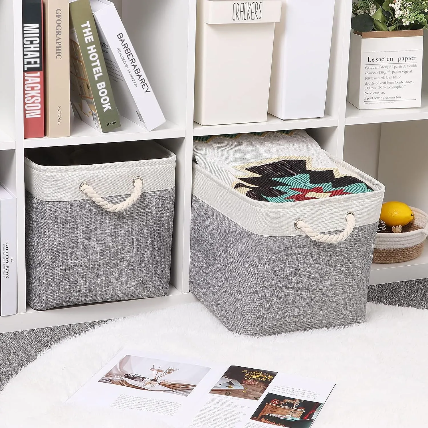Kuber Industries Foldable Storage Basket|Polyester Toy Storage Bin|Wardrobe Organizer For Clothes (Grey & White) (Pack Of 3)