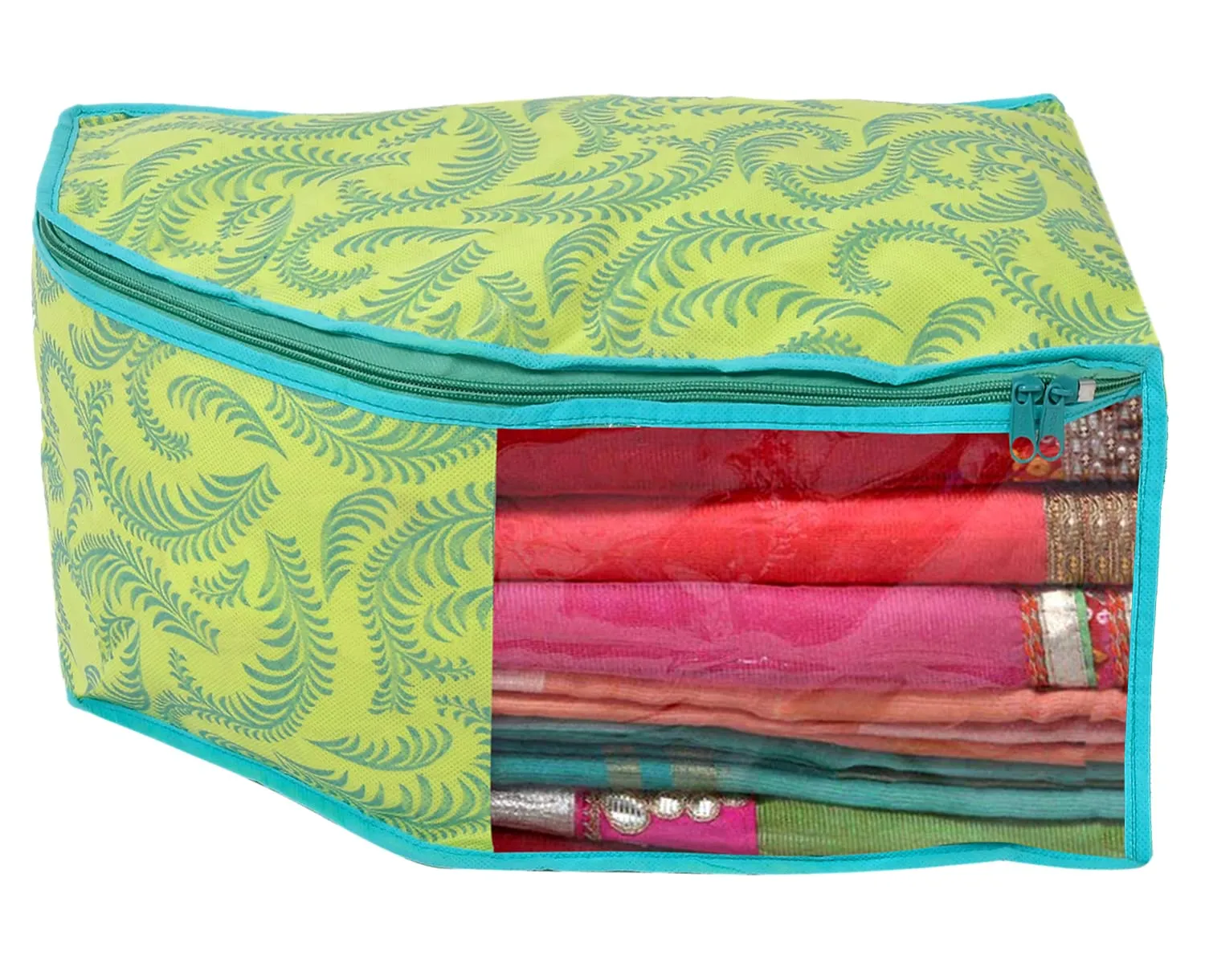 Kuber Industries Leaf Printed Non-Woven Blouse Cover Wardrobe Organiser Clothes Storage Bag With Front Window- Pack of 2 (Green)-44KM0528