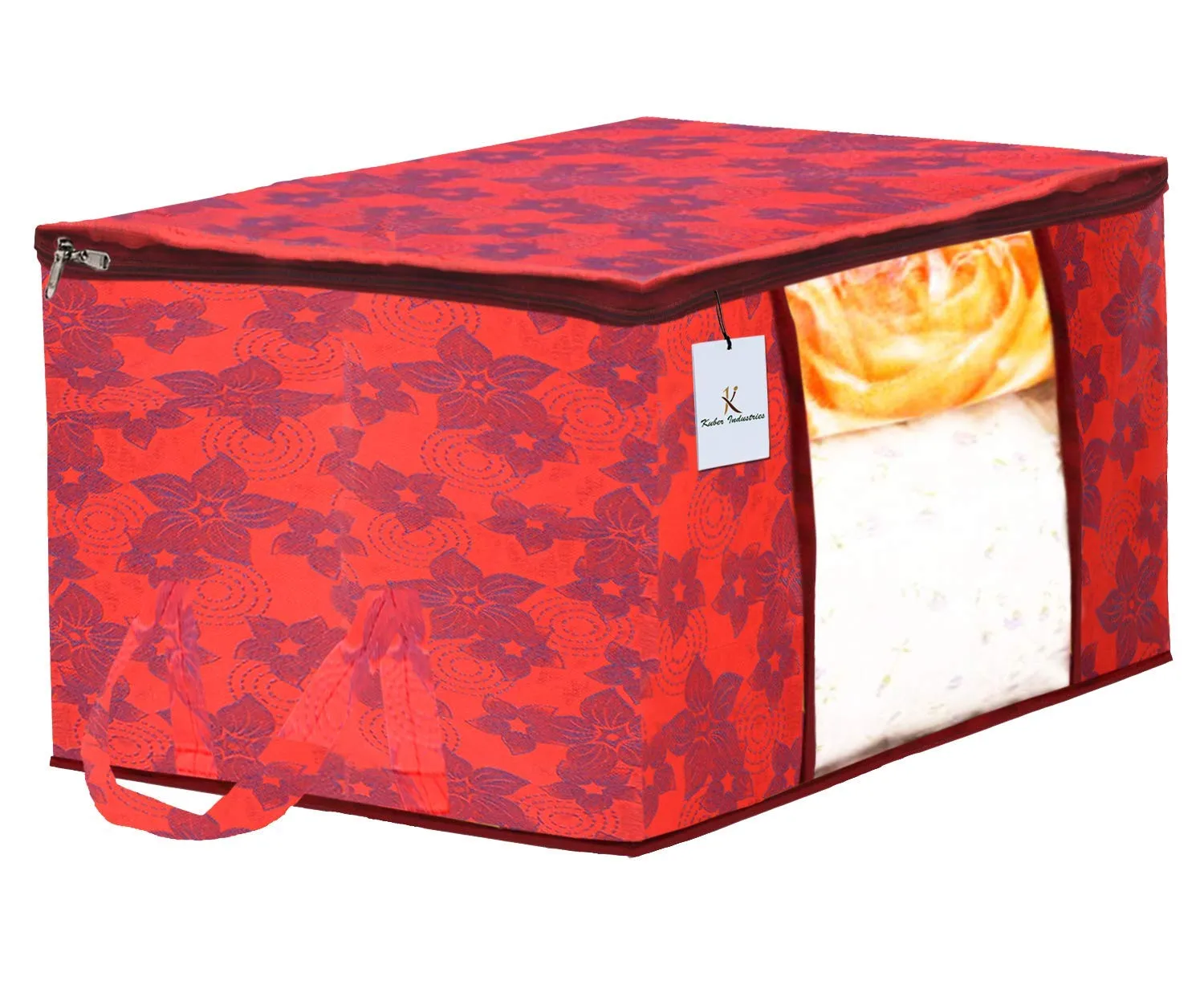 Kuber Industries Metalic Printed 2 Piece Non Woven Saree Cover and 2 Pieces Underbed Storage Bag, Storage Organiser, Blanket Cover, Golden Brown & Red -CTKTC042378