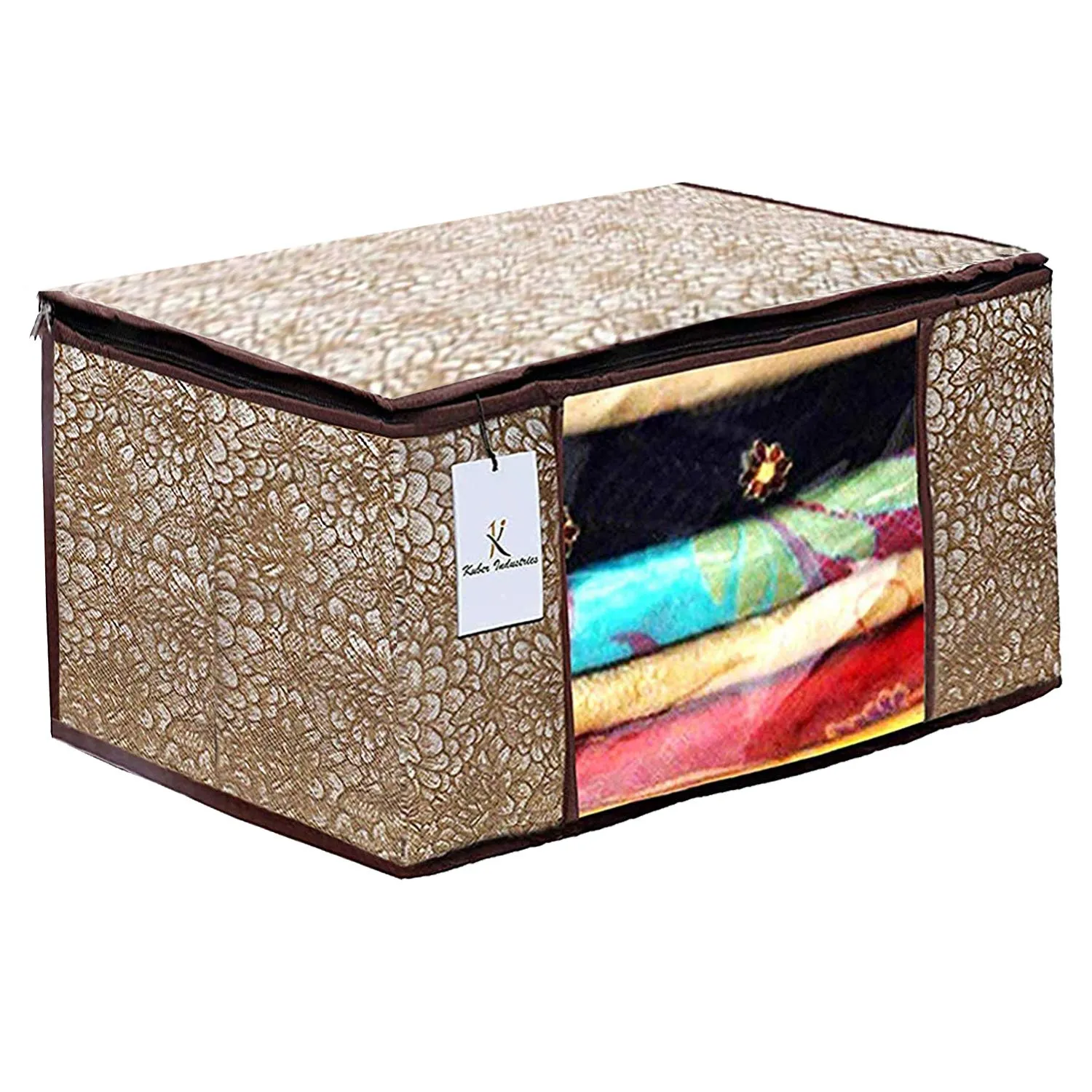 Kuber Industries Metalic Printed 2 Piece Non Woven Saree Cover and 2 Pieces Underbed Storage Bag, Storage Organiser, Blanket Cover, Golden Brown & Red -CTKTC042378