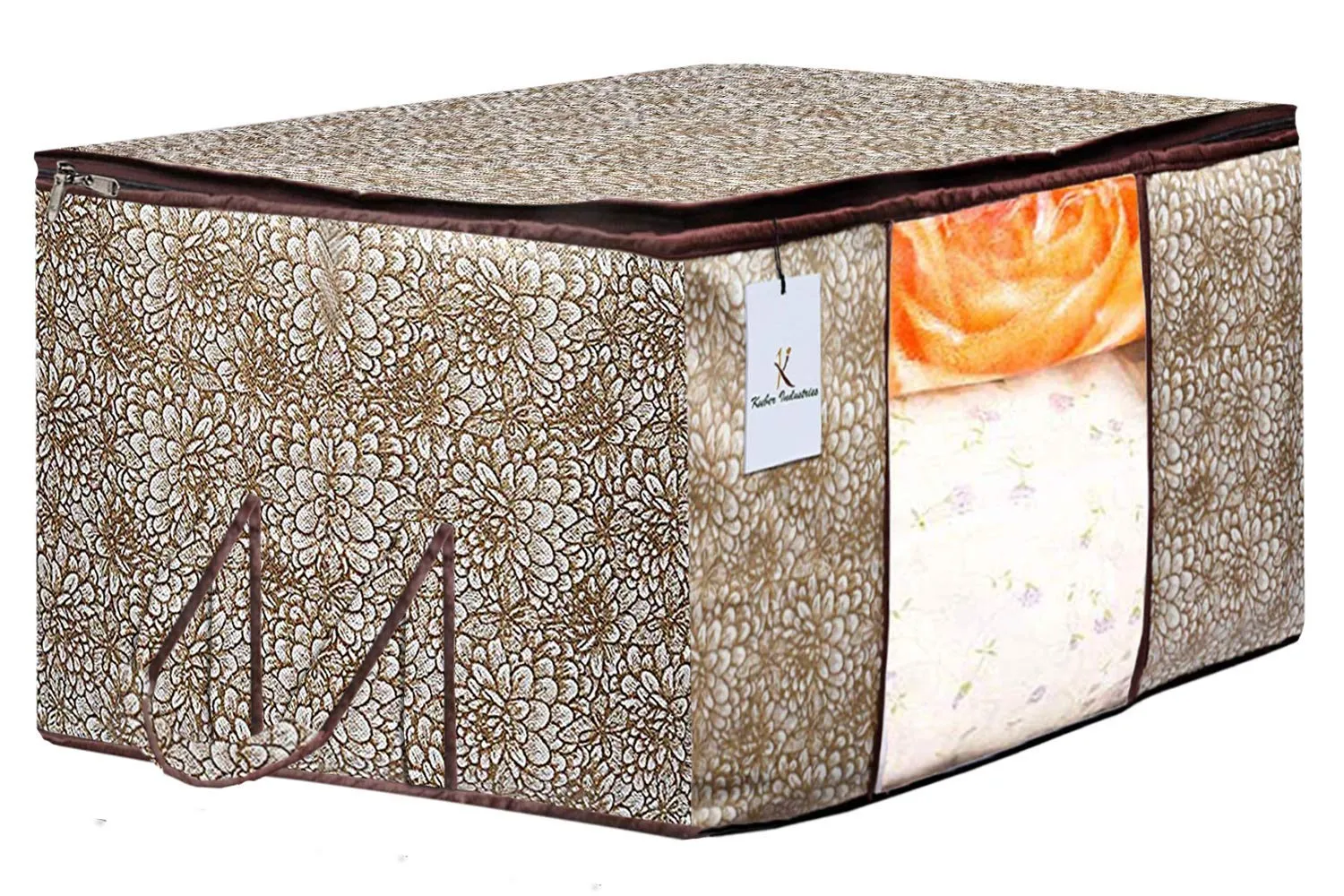 Kuber Industries Metalic Printed 2 Piece Non Woven Saree Cover and 2 Pieces Underbed Storage Bag, Storage Organiser, Blanket Cover, Golden Brown & Red -CTKTC042378