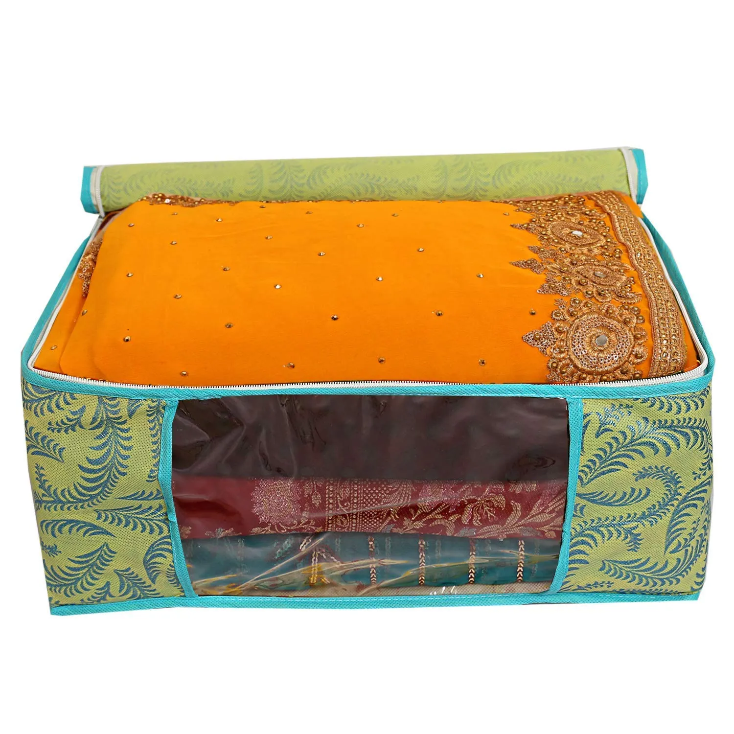Kuber Industries Metallic Print 9 Piece Non Woven Saree Cover, Green