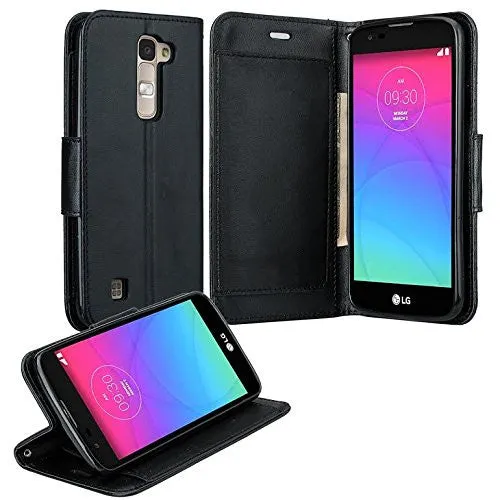 LG K8 | LG Phoenix 2 | LG Escape 3 Case, Double Fold Wallet Case, Wrist Strap Flip Folio [Kickstand Feature] Pu Leather Wallet Case with ID & Credit Card Slots - Black
