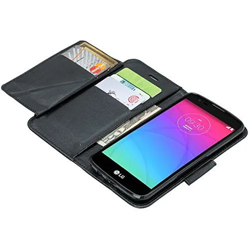 LG K8 | LG Phoenix 2 | LG Escape 3 Case, Double Fold Wallet Case, Wrist Strap Flip Folio [Kickstand Feature] Pu Leather Wallet Case with ID & Credit Card Slots - Black