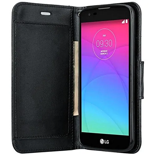 LG K8 | LG Phoenix 2 | LG Escape 3 Case, Double Fold Wallet Case, Wrist Strap Flip Folio [Kickstand Feature] Pu Leather Wallet Case with ID & Credit Card Slots - Black