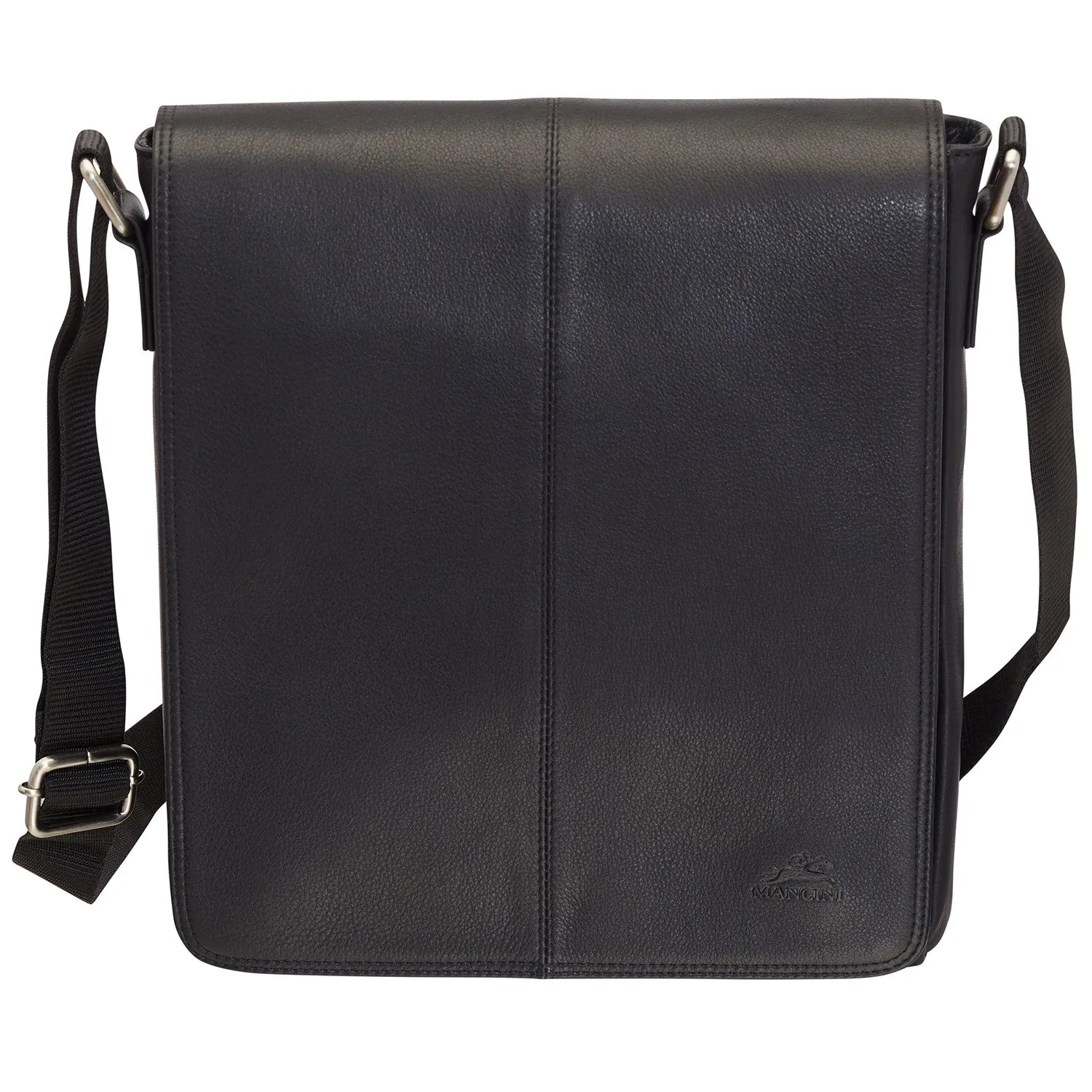 Mancini Leather Messenger Style Unisex Bag for Tablet/ E-reader, 10.25" x 3" x 12", Black