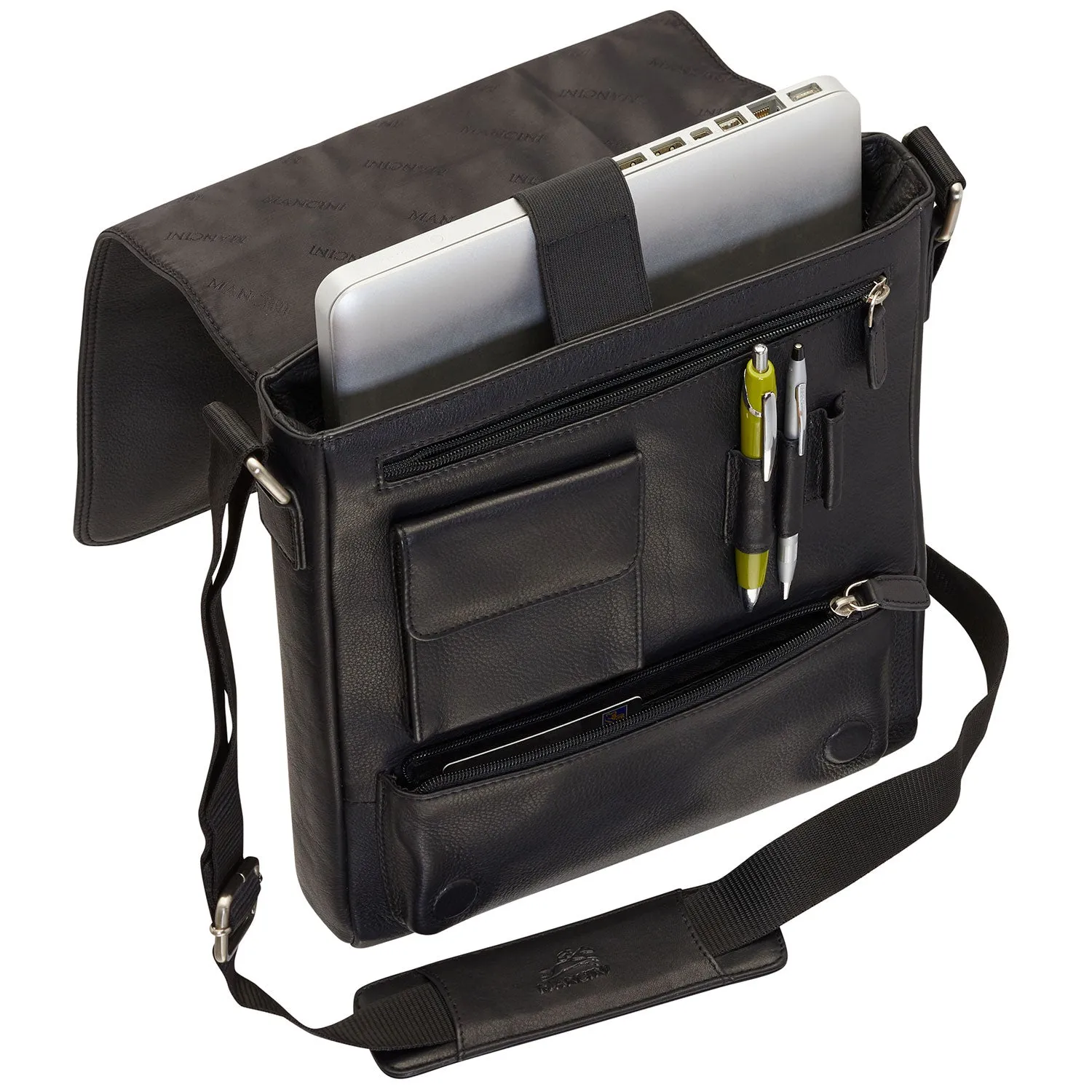 Mancini Leather Messenger Style Unisex Bag for Tablet/ E-reader, 10.25" x 3" x 12", Black