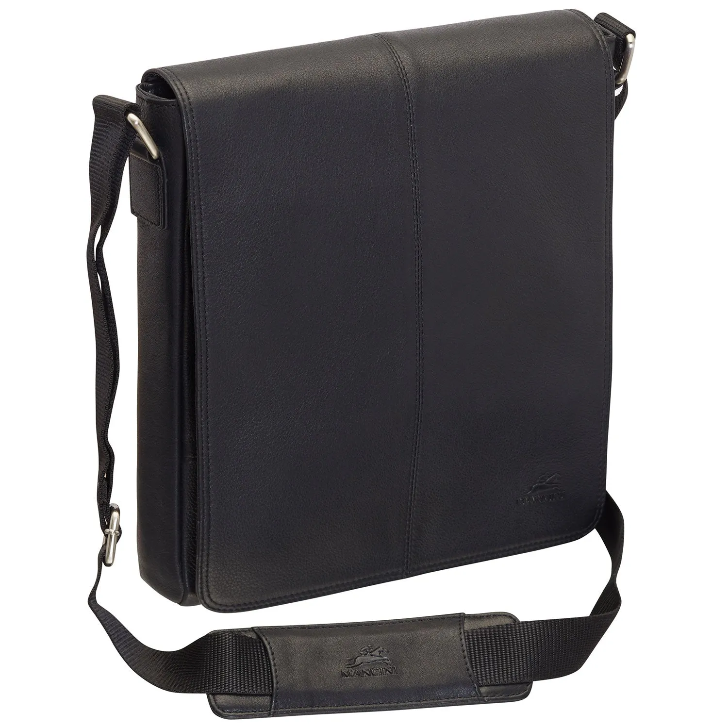 Mancini Leather Messenger Style Unisex Bag for Tablet/ E-reader, 10.25" x 3" x 12", Black