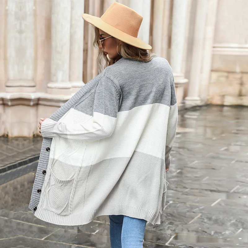 METAVERSMALL New  Women's Clothing New Autumn and Winter New Long Knitted Cardigan Pocket Twist Sweater Jacket