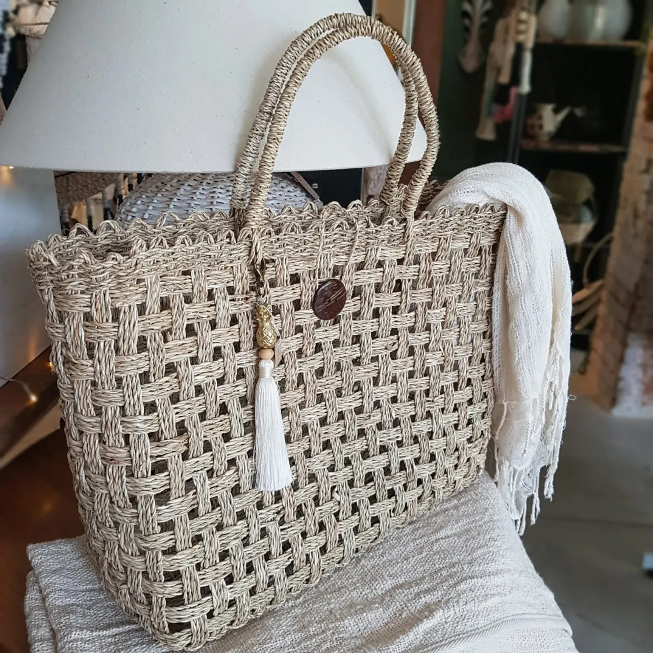 Natural Woven Water Hyacinth Bag With Coconut Shell Button