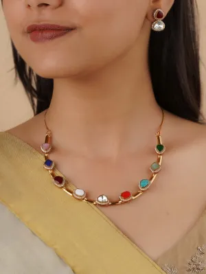 Navratna Gold Plated Faux Polki Necklace Set - PK-S143NA