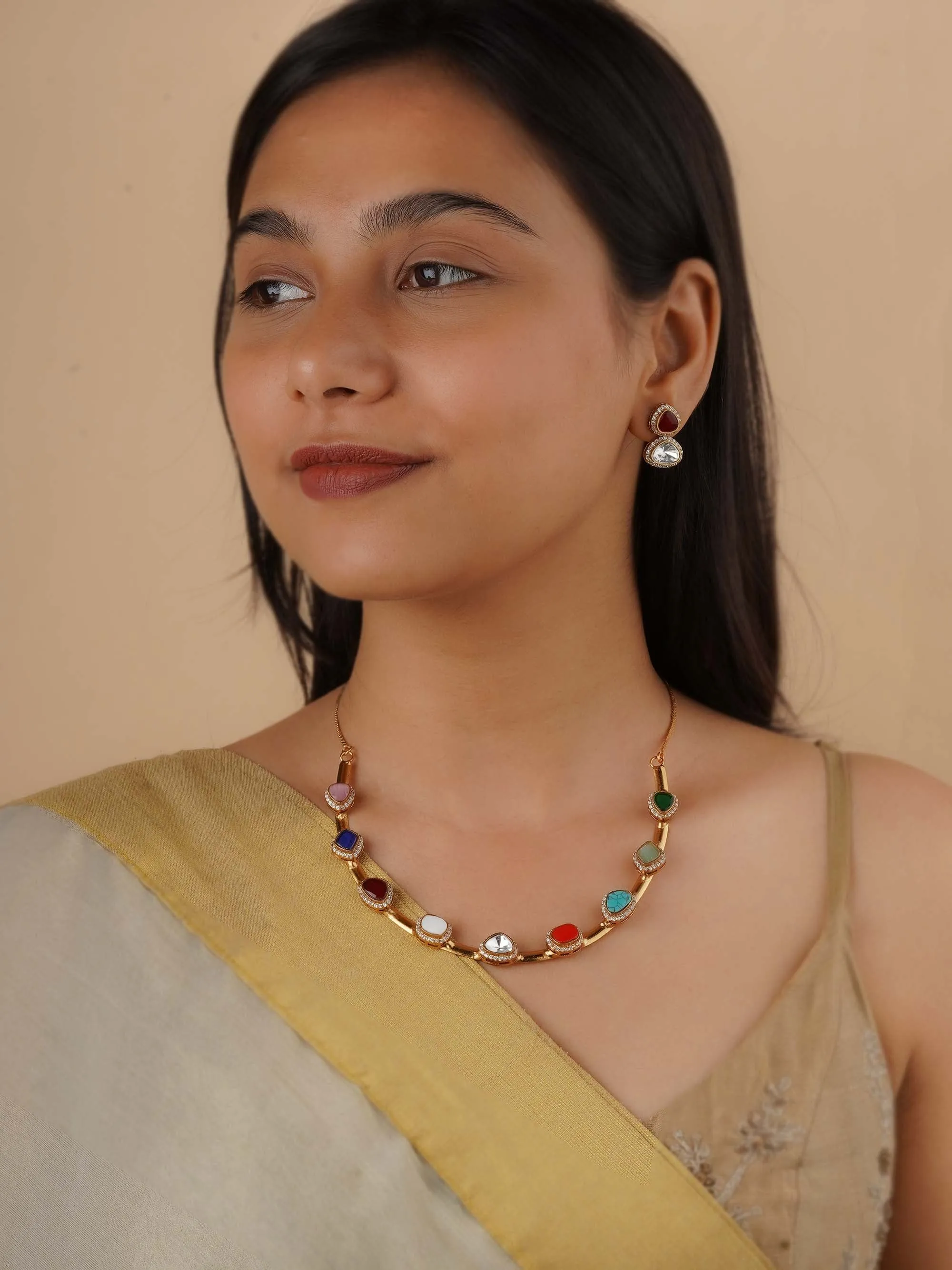 Navratna Gold Plated Faux Polki Necklace Set - PK-S143NA