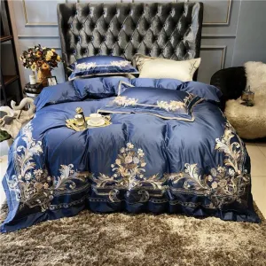New Royal Blue Exquisite Embroidery Duvet Set