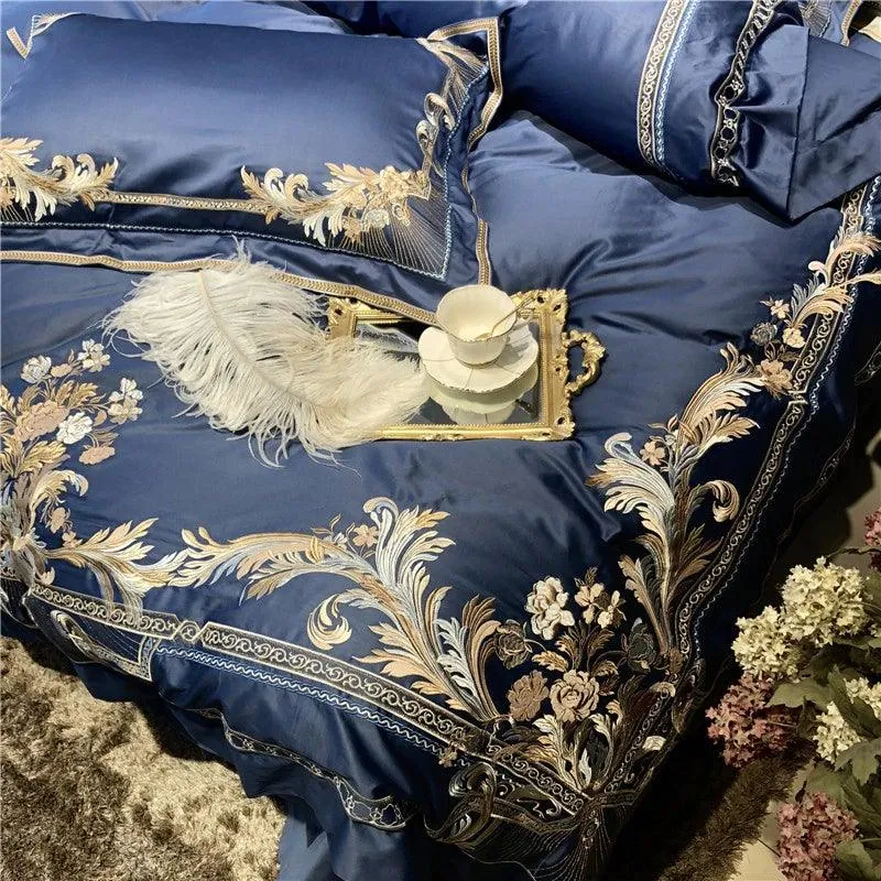 New Royal Blue Exquisite Embroidery Duvet Set