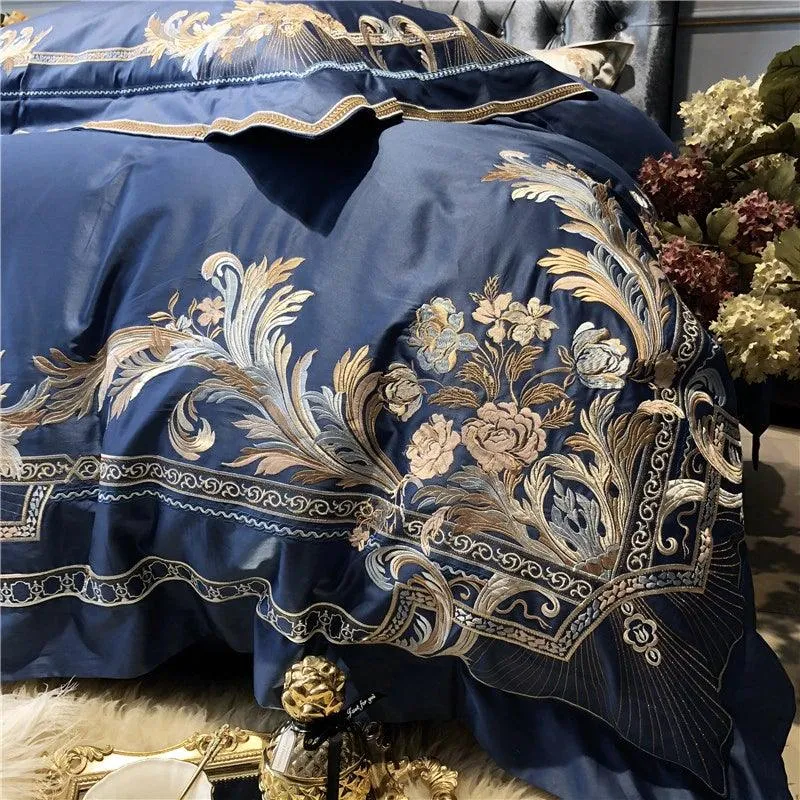 New Royal Blue Exquisite Embroidery Duvet Set