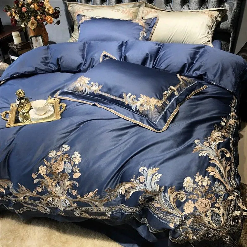 New Royal Blue Exquisite Embroidery Duvet Set