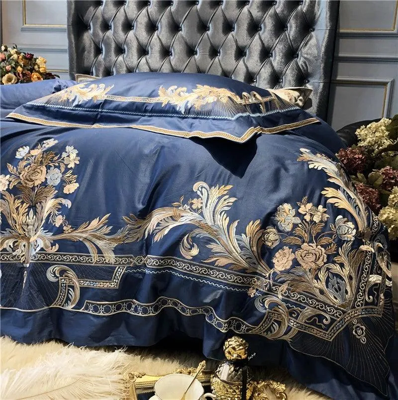 New Royal Blue Exquisite Embroidery Duvet Set