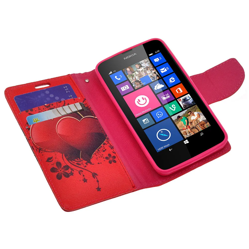 Nokia Lumia 635 Case, Nokia Lumia 635 Wallet Case, Slim Flip Folio [Kickstand] Pu Leather Wallet Case with ID & Card Slots & Pocket   Wrist Strap - Red Hearts